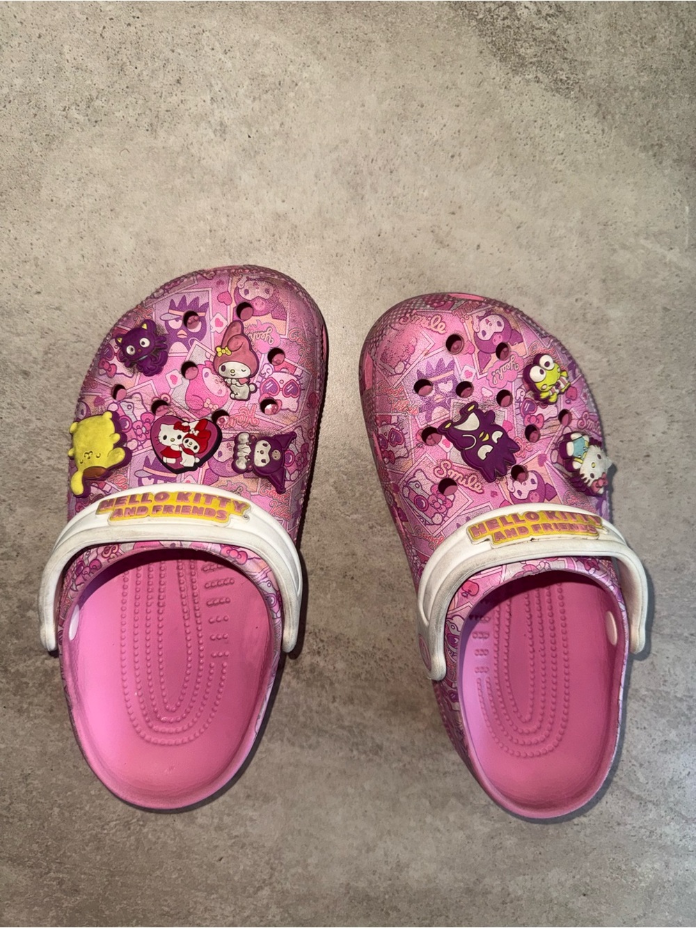 Limited edition Pink Sanrio Hello Kitty Crocs with cartoon characters